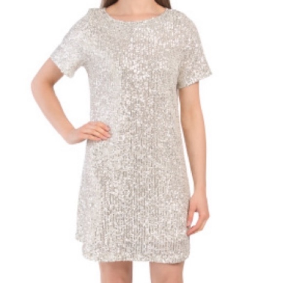 7 For All Mankind Sequin Mini Dress Silver Medium Short Sleeve New Years Eve - Picture 3 of 12